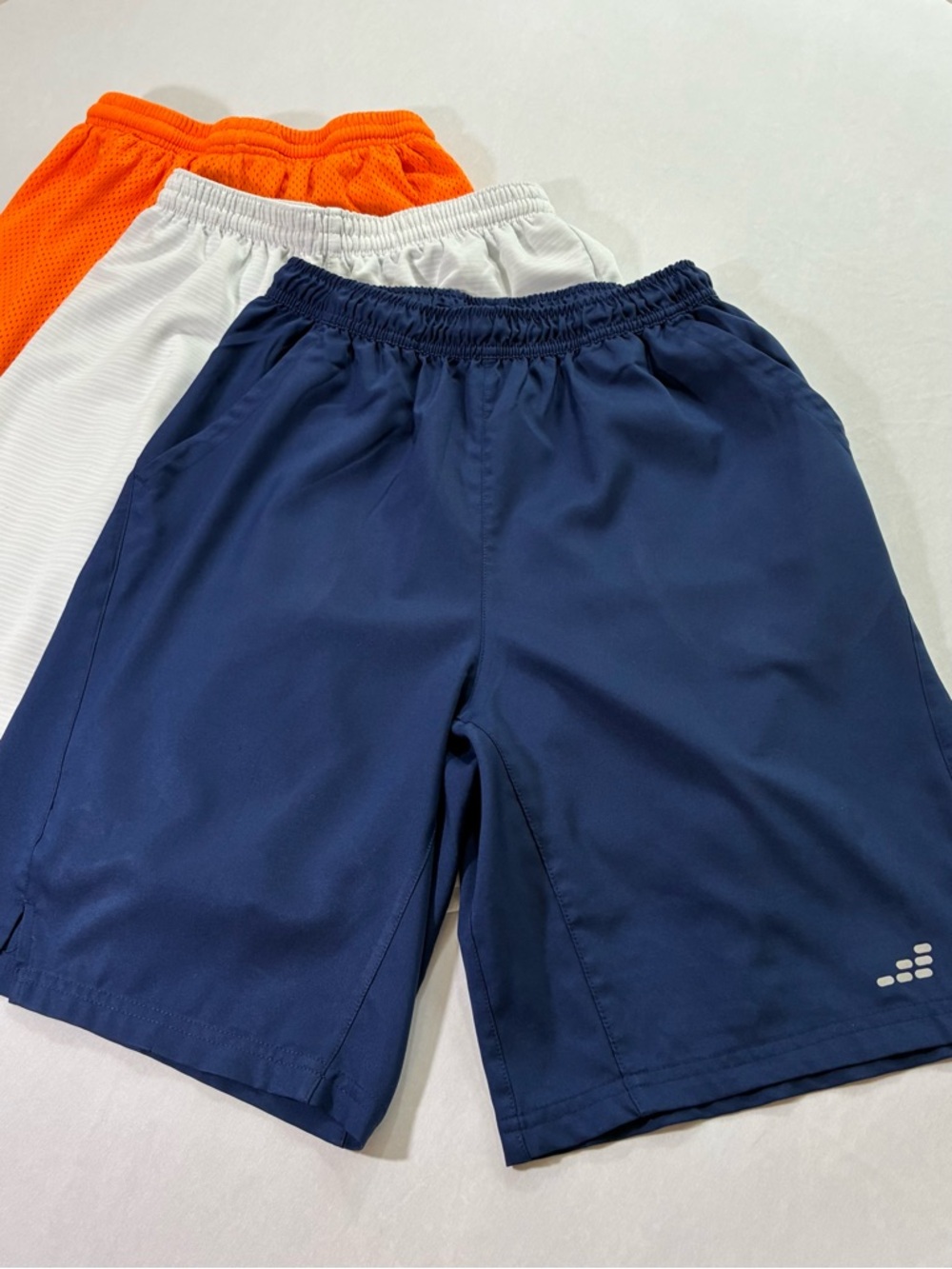 Lot of 3 Pair bcg Boy’s Athletic Shorts - Navy, White, Orange Sz. Large (14-16)